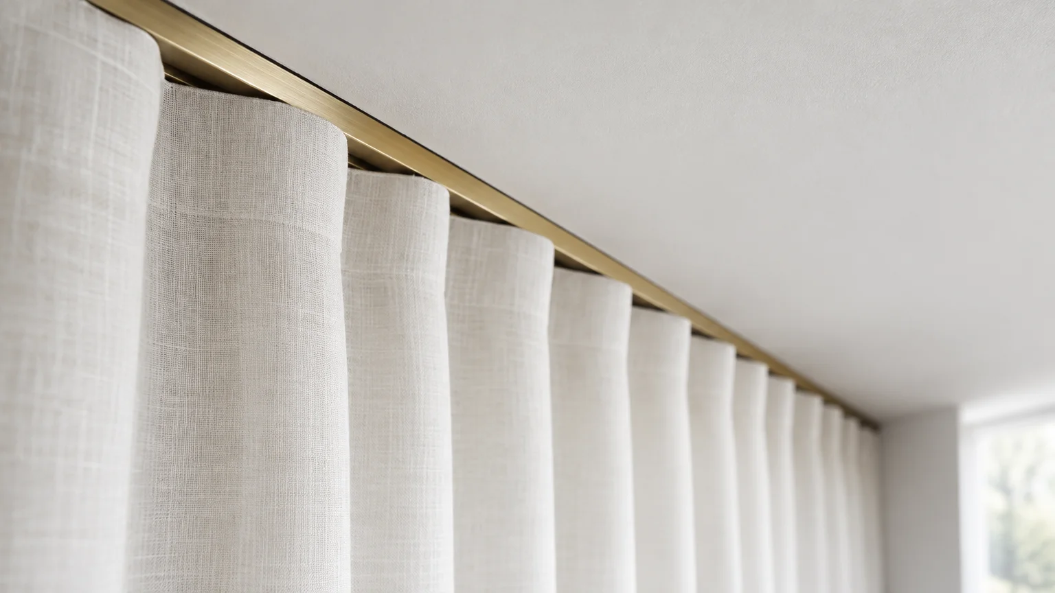 Close-up of pleated beige linen curtains hanging from a slim, flush-mounted brass track on a white ceiling.