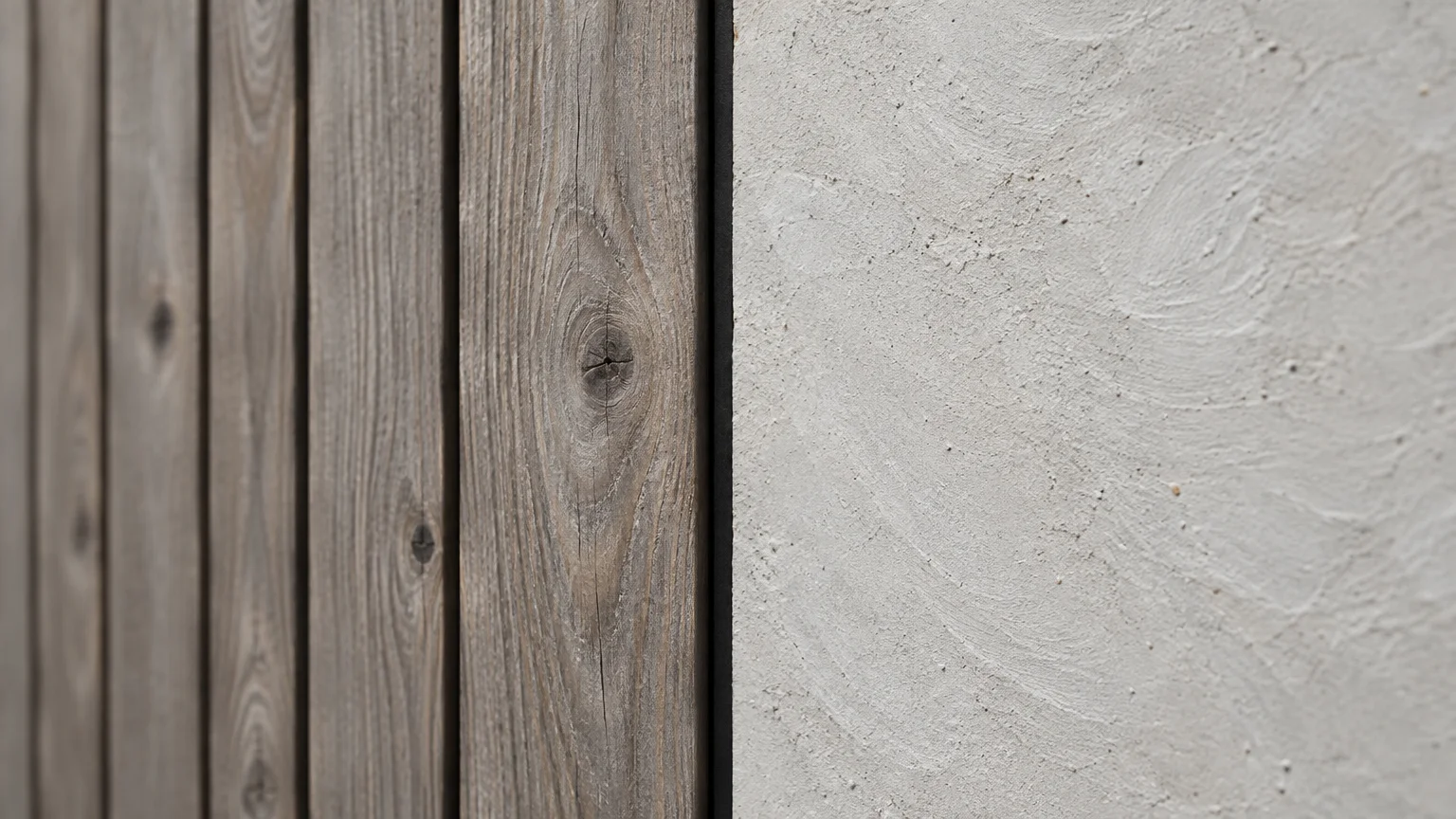 Close-up of weathered vertical wood siding meeting textured light gray limewash plaster.