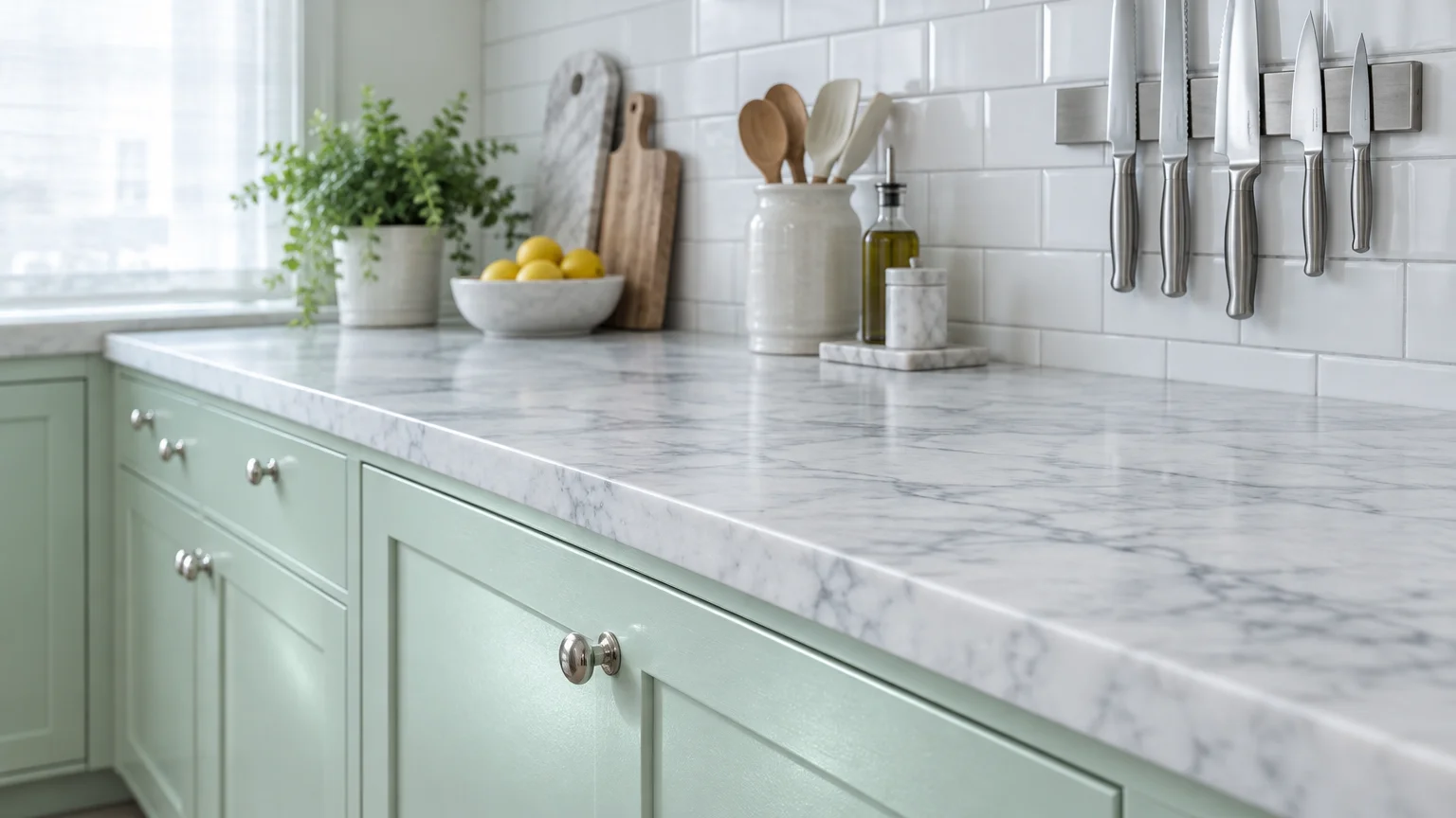 Light green kitchen cabinets beneath a white Carrara marble countertop, white subway tile backsplash, and cooking utensils.