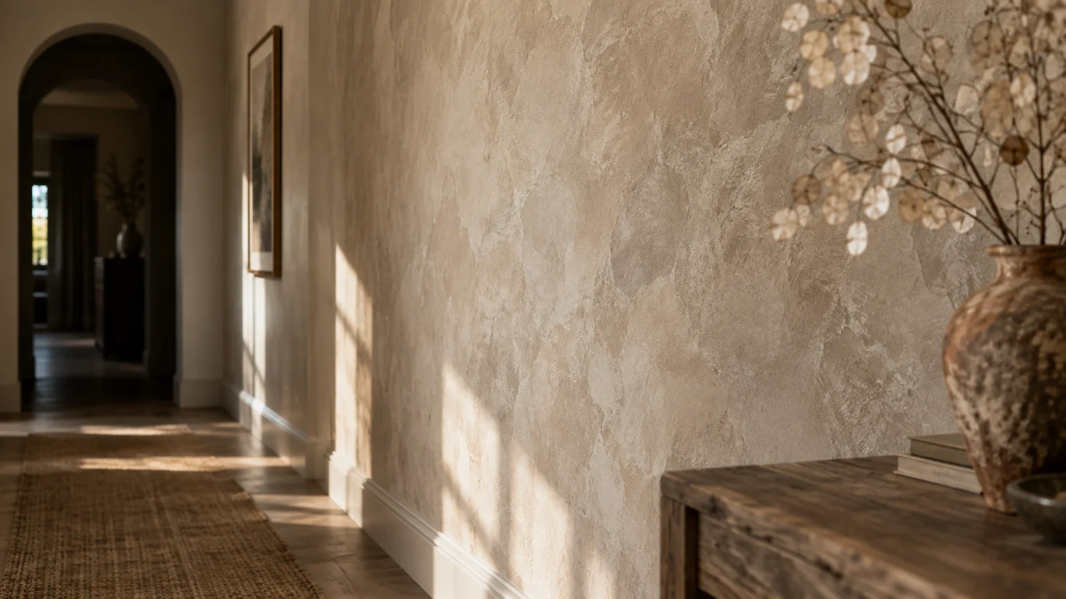 Hallway with textured beige plaster-effect wallpaper, sunlight cast across the wall, a runner rug, and a rustic table.