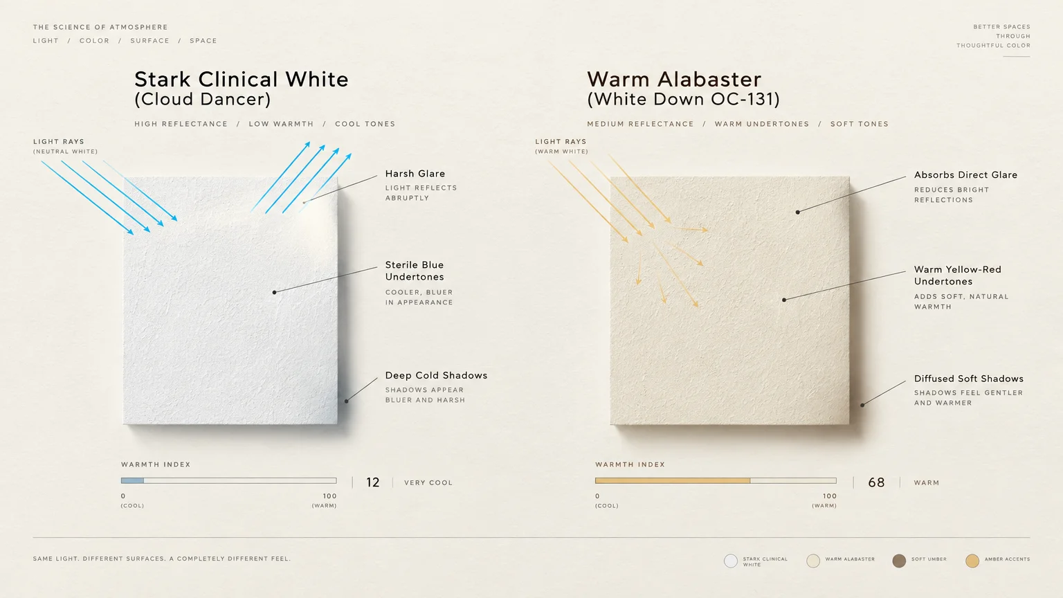 Diagram comparing light reflection on stark clinical white versus warm alabaster swatches with warmth index scales.
