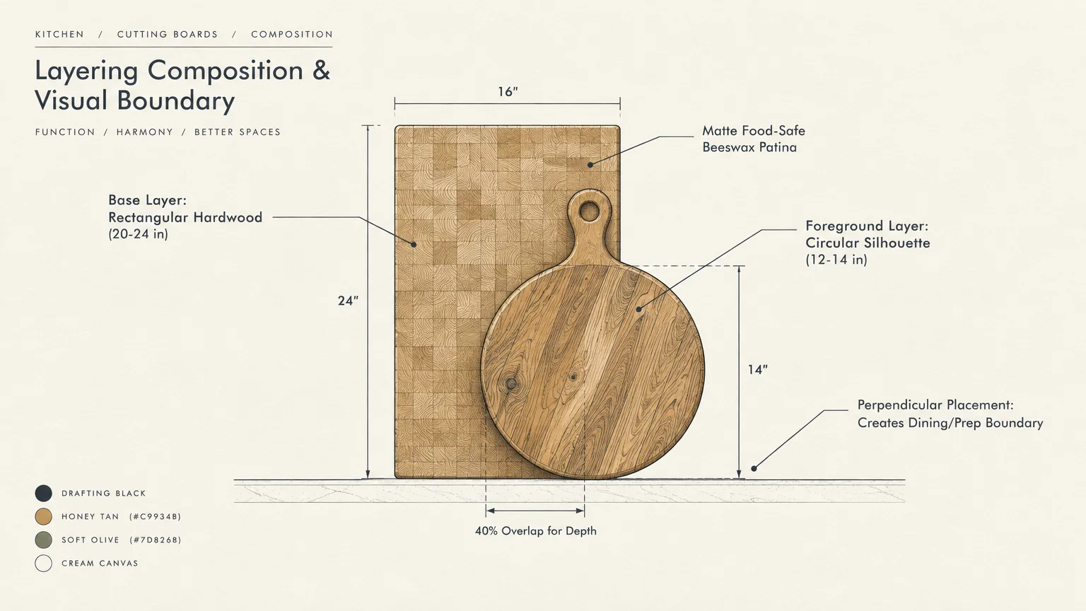 Diagram showing a circular cutting board layered over a rectangular board with dimensions and design notes.