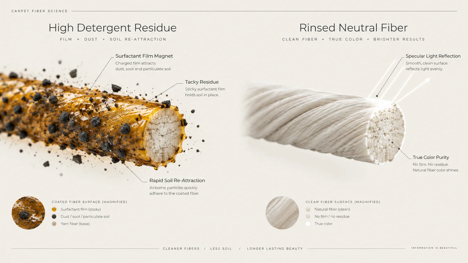 Diagram comparing a detergent-coated carpet fiber collecting dark particles against a clean rinsed fiber reflecting light.