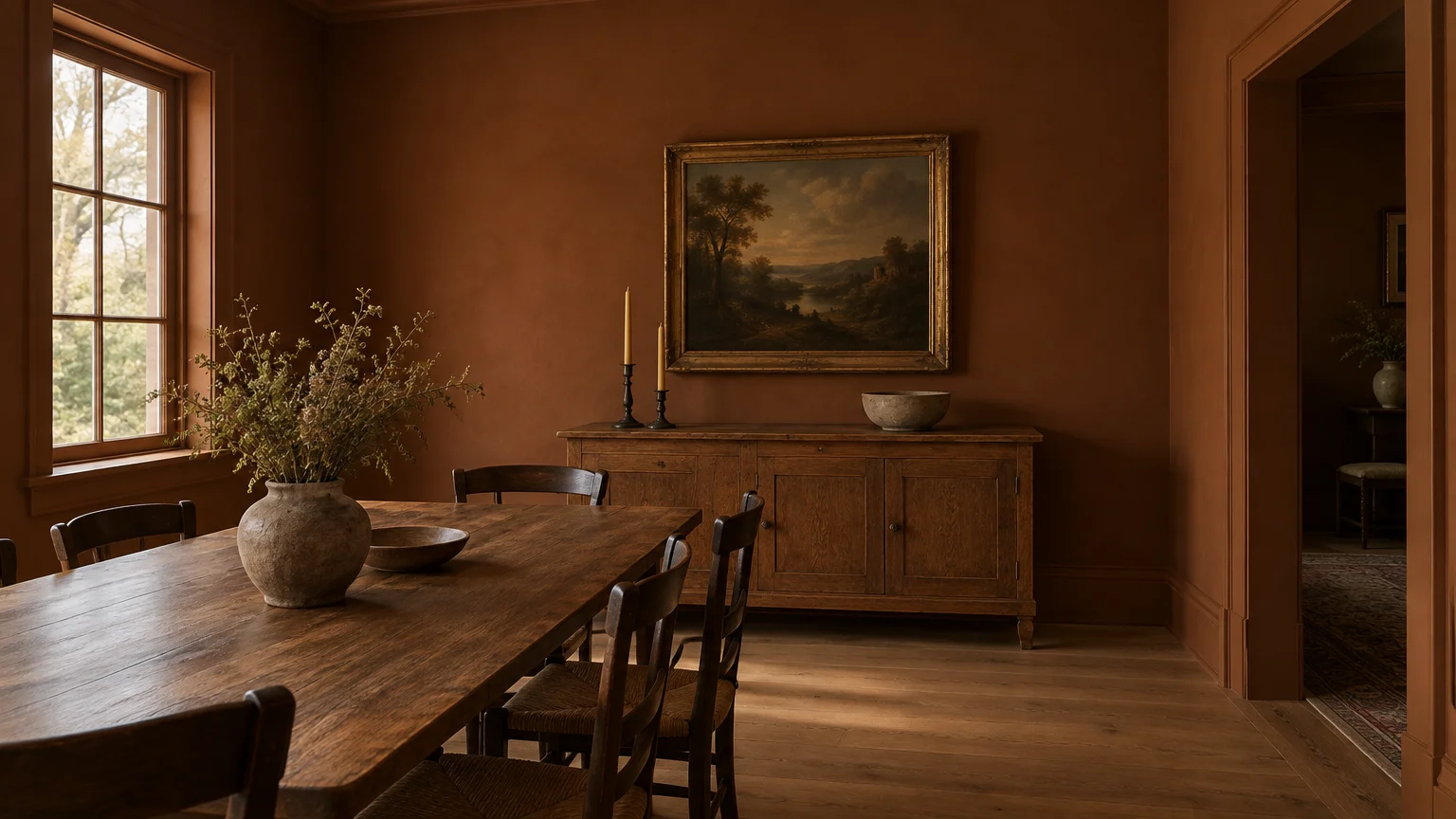Dining room with warm terracotta walls, rustic wooden table and chairs, a sideboard, and an oil painting.