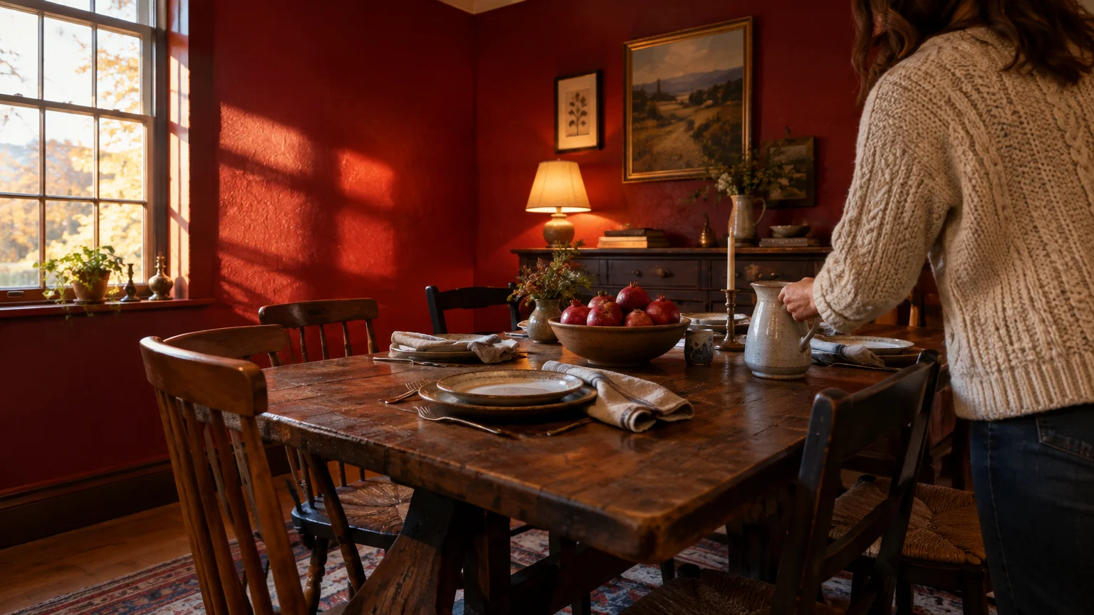 A woman sets a rustic wooden dining table in a dining room with deep ruby red walls in warm autumn sunlight.