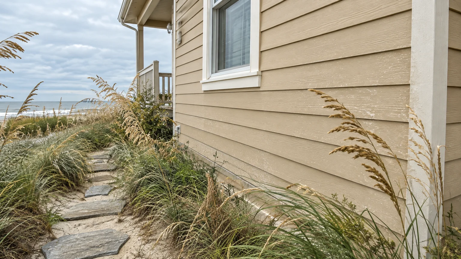 Exterior beige siding on a beach house next to a stone path, dune grass, and ocean view under an overcast sky.
