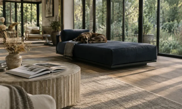 Brindle dog resting on a navy chaise lounge in a sunlit modern living room with large glass doors.