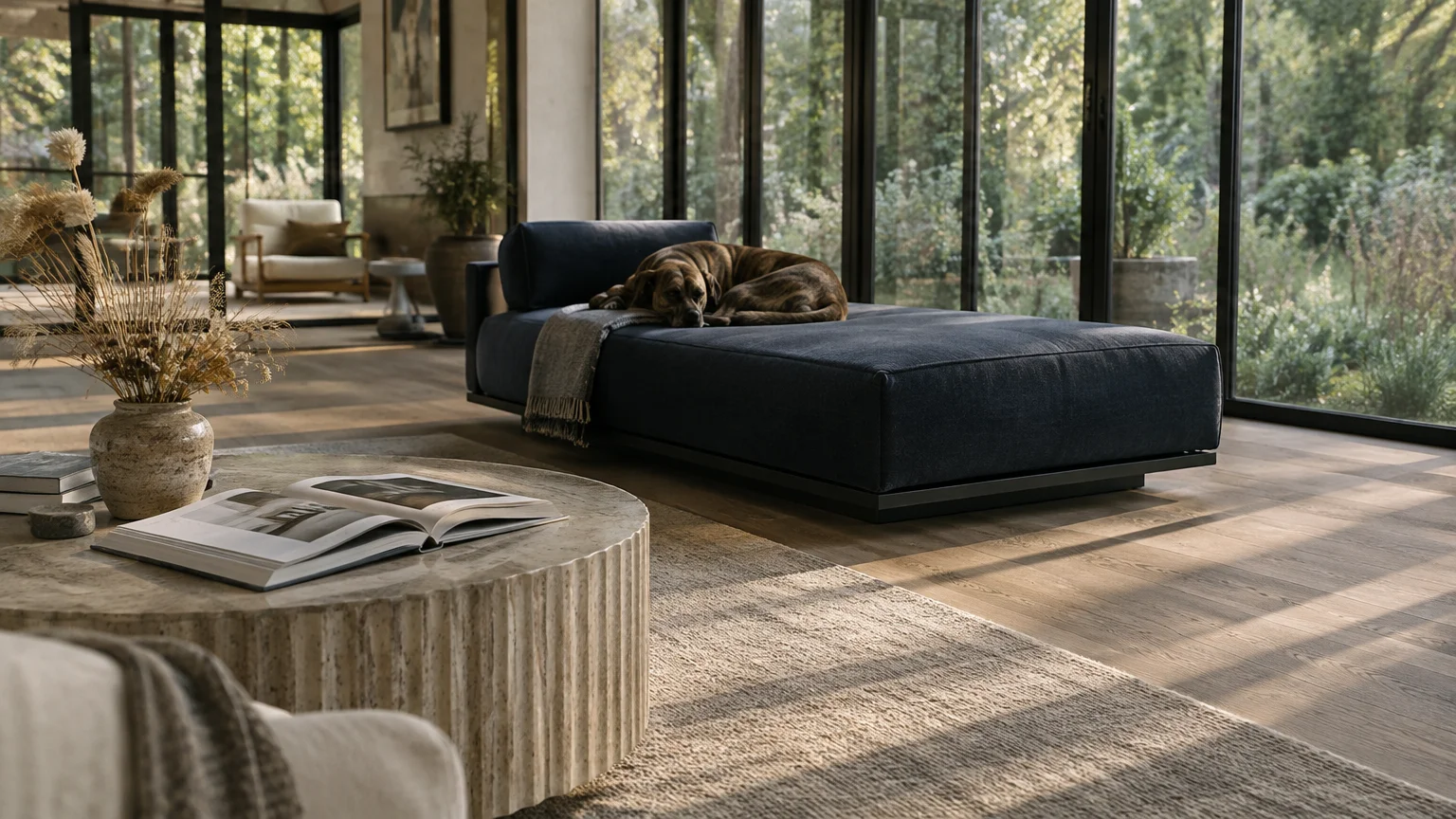 Brindle dog resting on a navy chaise lounge in a sunlit modern living room with large glass doors.