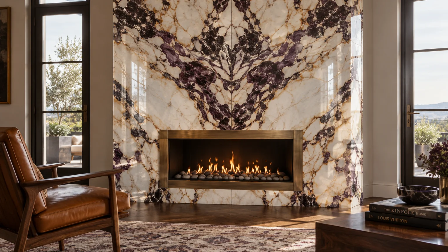 Modern gas fireplace set into a floor-to-ceiling bookmatched marble wall with bold purple and gold veining.