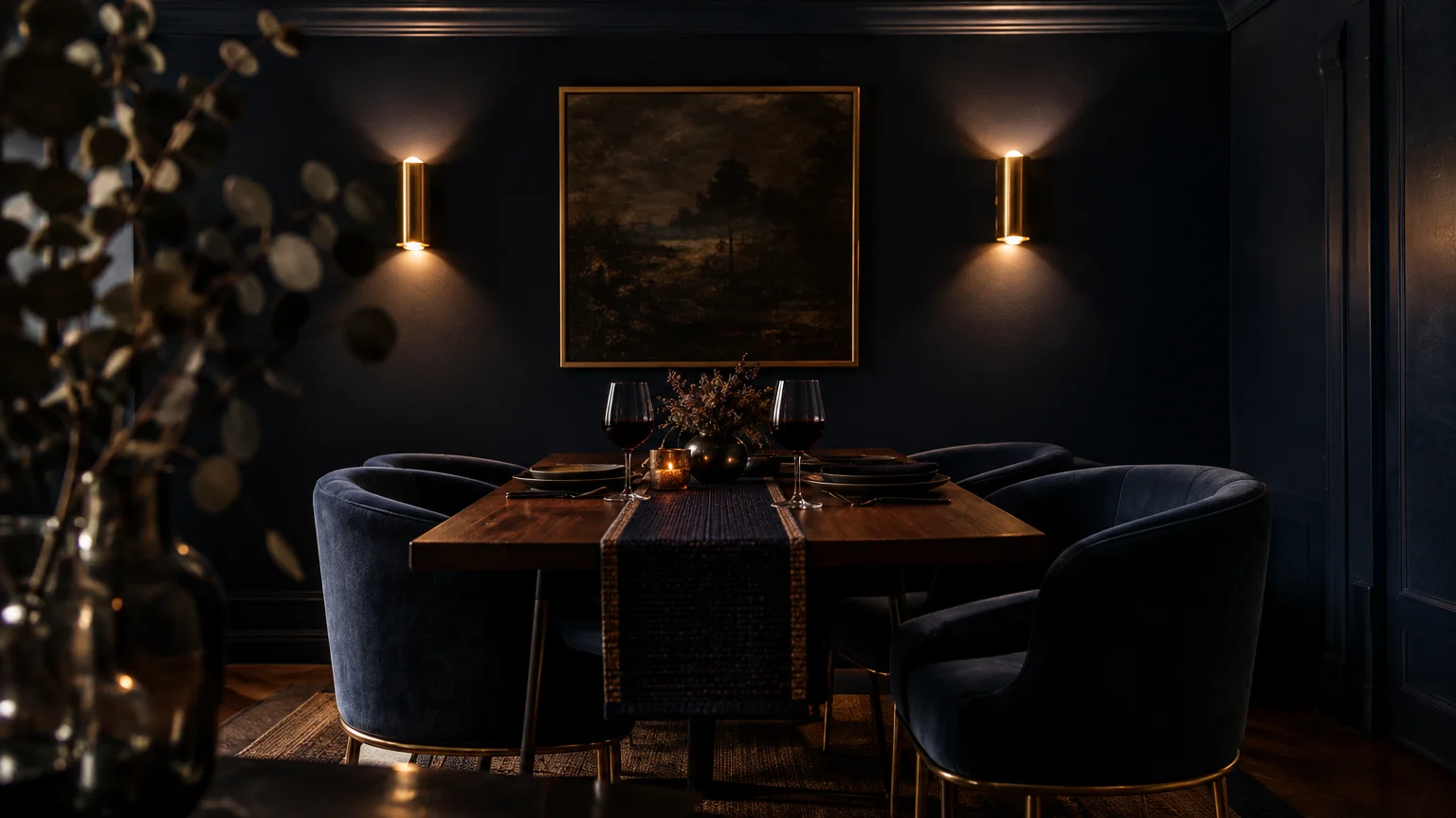 Dark dining room with midnight navy walls, glowing brass sconces, framed artwork, and velvet chairs around a wooden table.