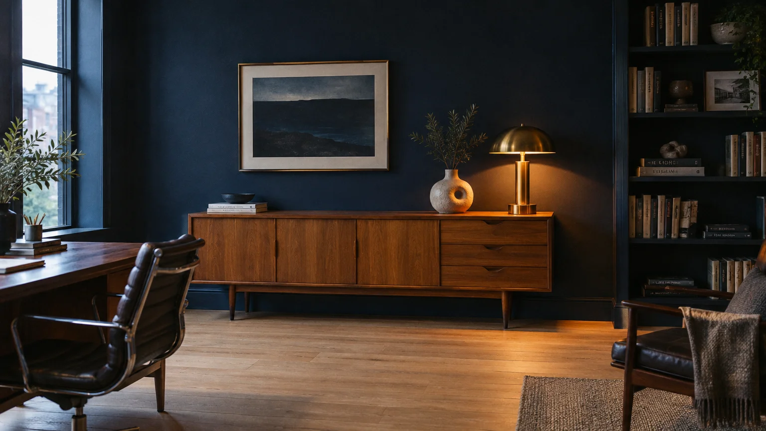 Office with dark midnight navy walls, light oak wood floor, mid-century credenza, desk, and a glowing brass lamp.