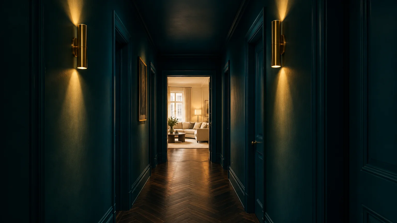 Dark teal hallway with herringbone wood floors, warm gold sconce lighting, and a view into a bright living room.