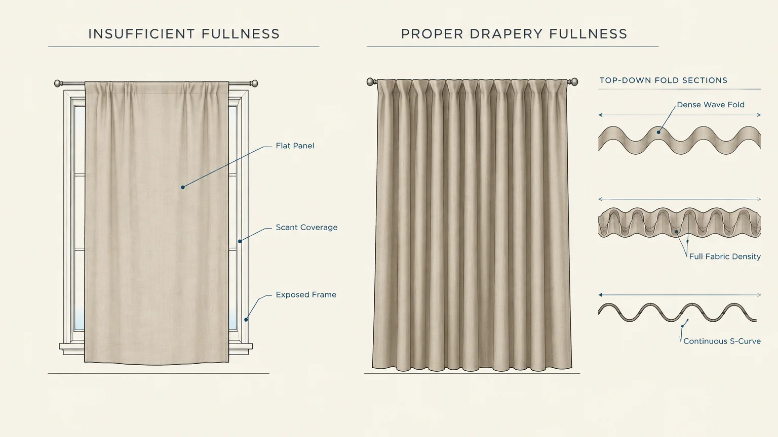 Diagram comparing flat, scant window curtains to full drapery with top-down cross sections showing dense wave folds.
