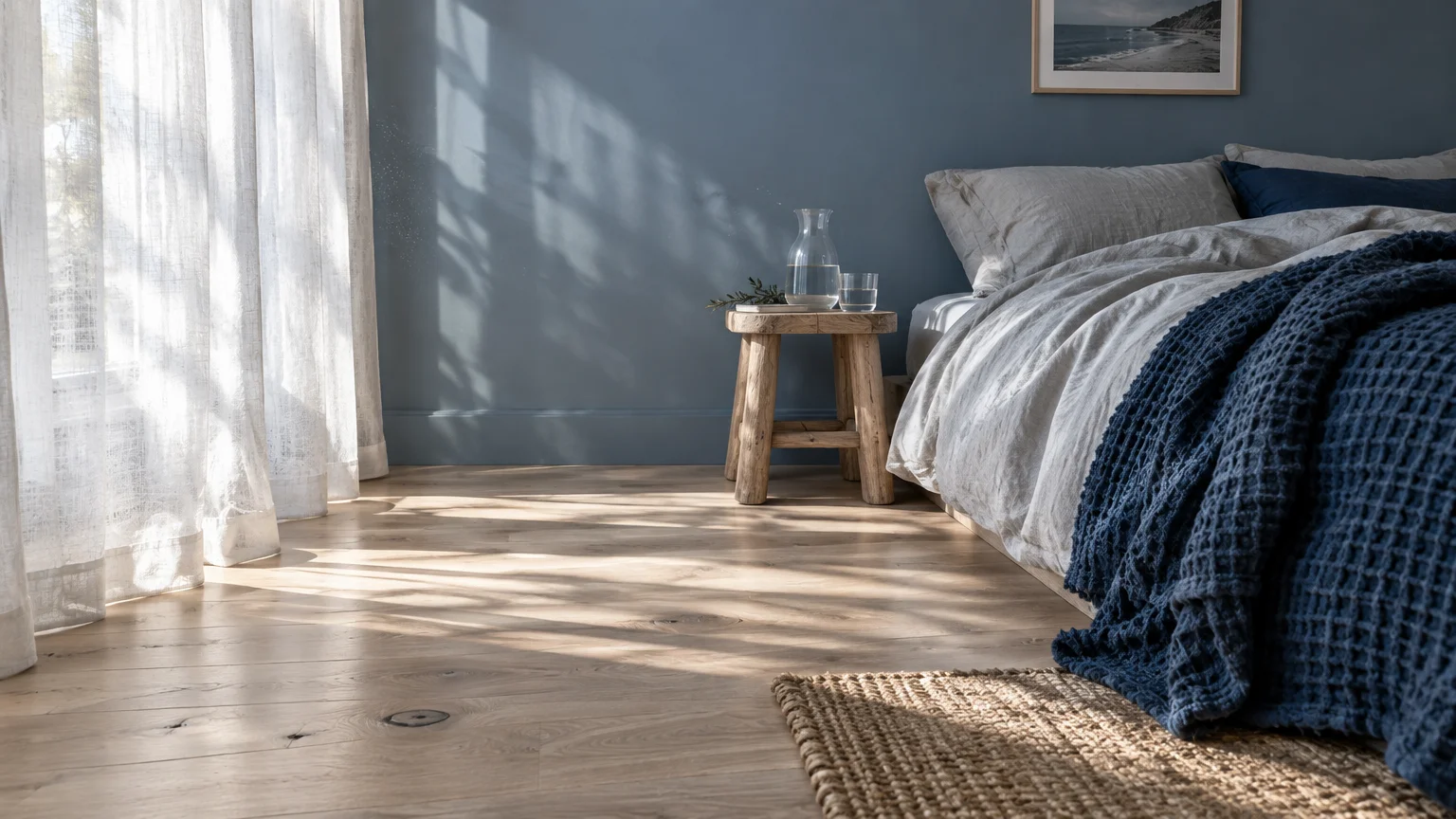 Sunlit bedroom featuring light oak hardwood flooring, dusty blue walls, sheer curtains, and a wooden bedside stool.