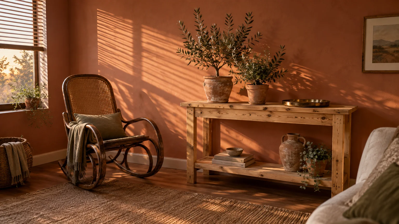 Vintage cane rocking chair and rustic wooden console table against a sunlit terracotta wall with potted olive plants.