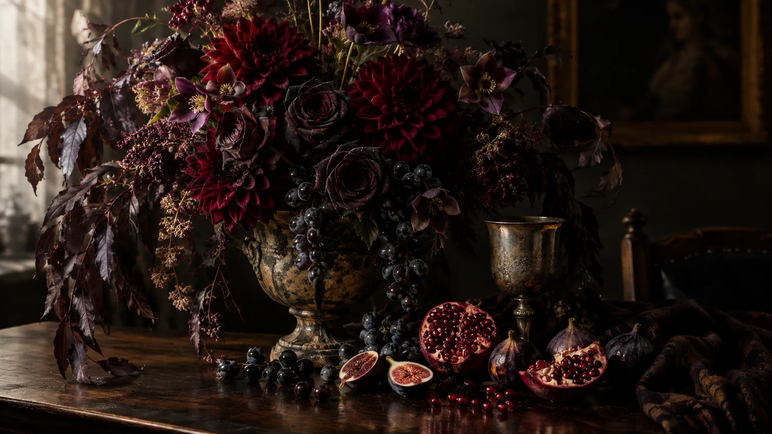 Moody still life arrangement of dark roses, dahlias, grapes, figs, and halved pomegranates beside an ornate silver chalice.
