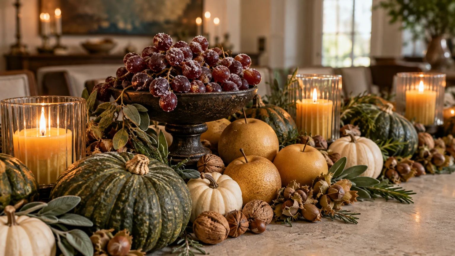 Holiday table centerpiece with frosted grapes in an urn, surrounded by squashes, pears, nuts, and glowing candles.