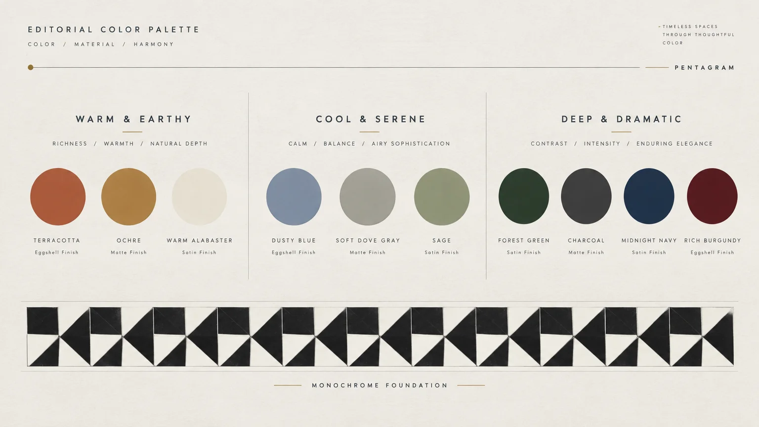 Color swatches organized into warm, cool, and dramatic categories above a black and white geometric tile border.