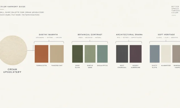 Color palette diagram showing a cream upholstery swatch paired with eleven wall paint swatches grouped into four categories.