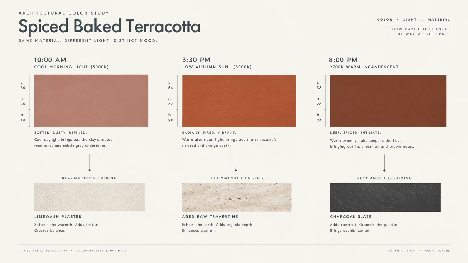 Color study comparing terracotta swatches and material pairings under 10:00 AM, 3:30 PM, and 8:00 PM lighting conditions.