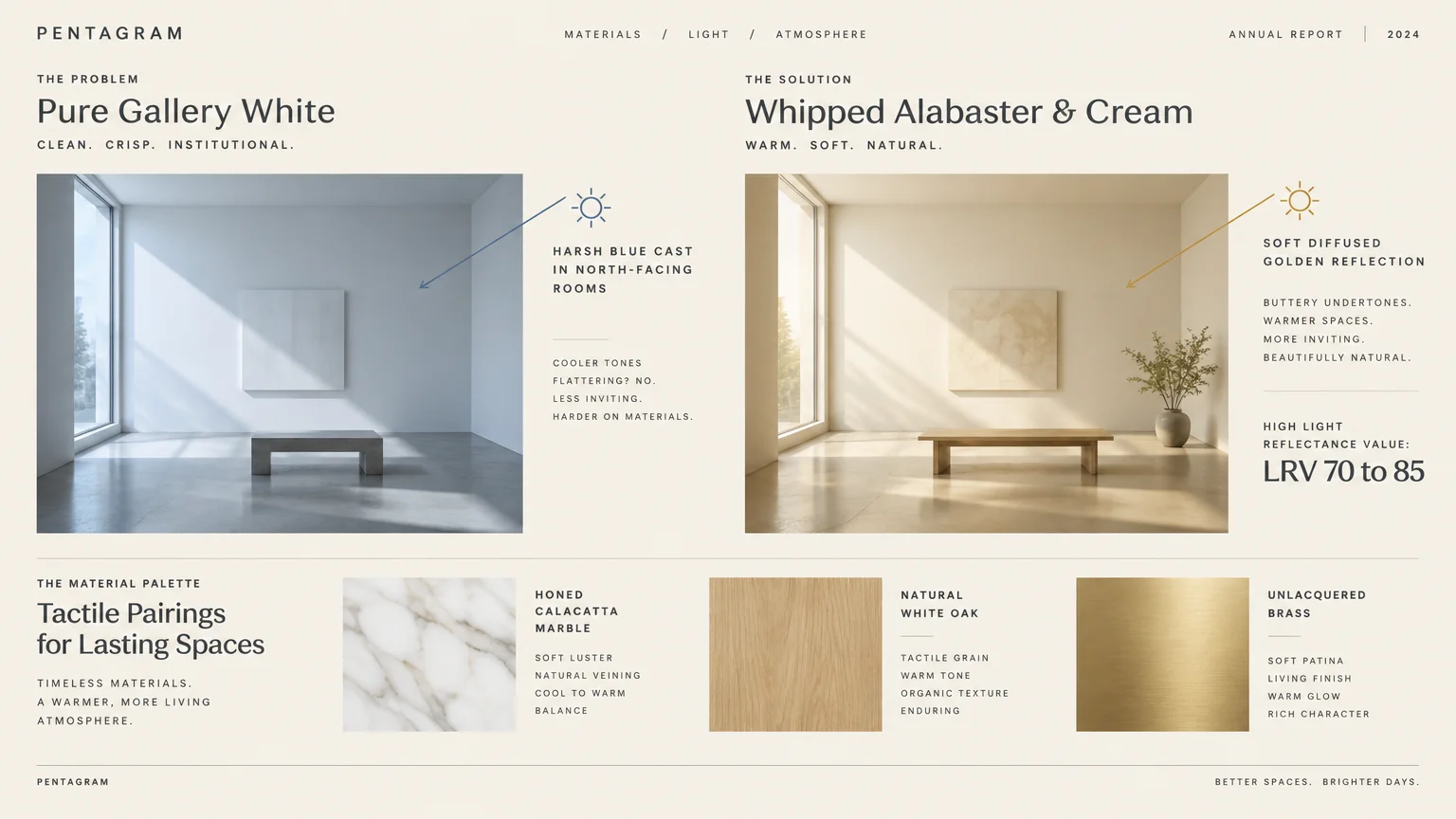 Side-by-side room comparison of cool gallery white versus warm whipped alabaster, with three material palette swatches below.