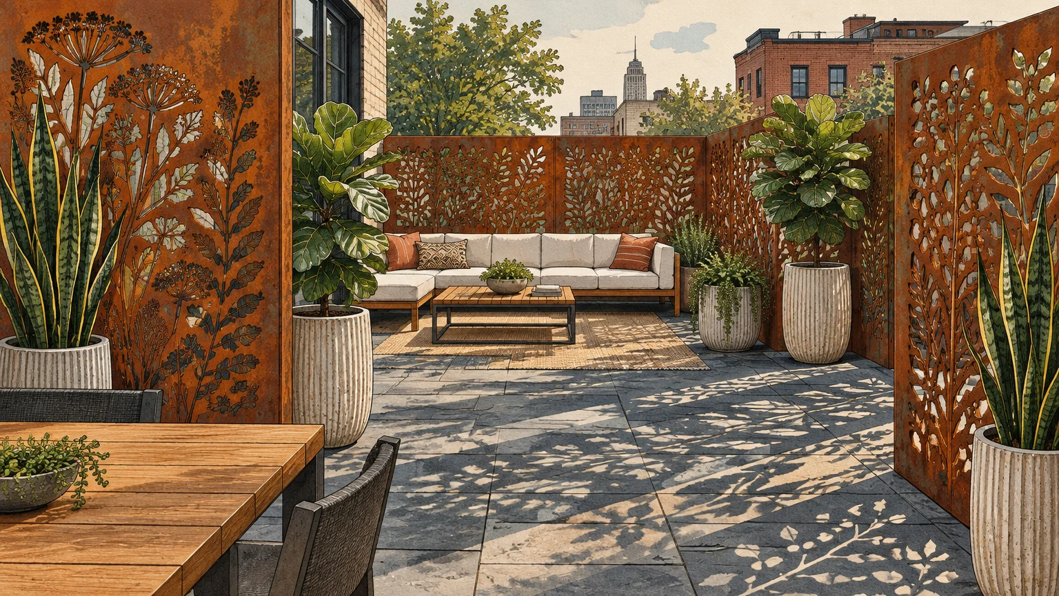 Rooftop patio with rusted laser-cut privacy screens, outdoor sofa, potted plants, and botanical shadows on stone pavers.