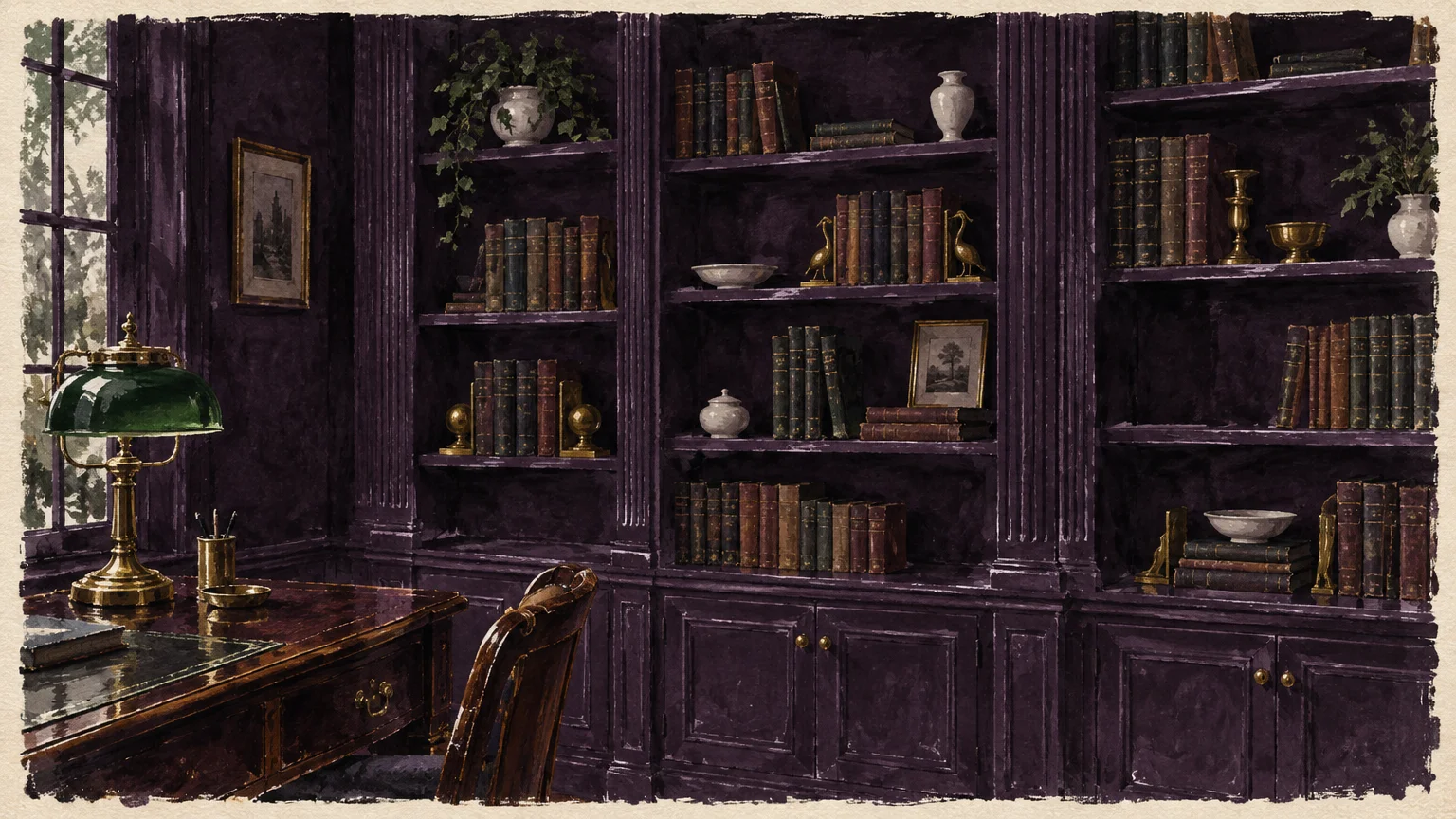 Illustration of a moody home library with dark purple painted built-in bookshelves, books, and a banker's lamp on a desk.