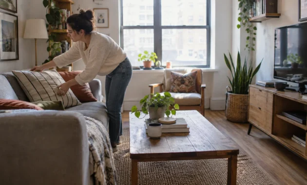 A woman arranges throw pillows on a sofa in a sunlit living room with a wooden coffee table and house plants.