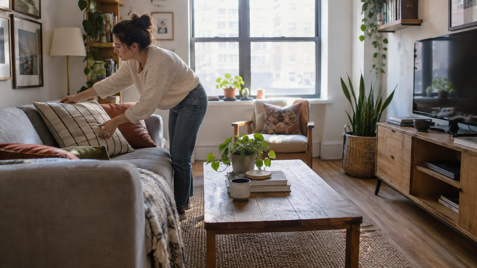 A woman arranges throw pillows on a sofa in a sunlit living room with a wooden coffee table and house plants.