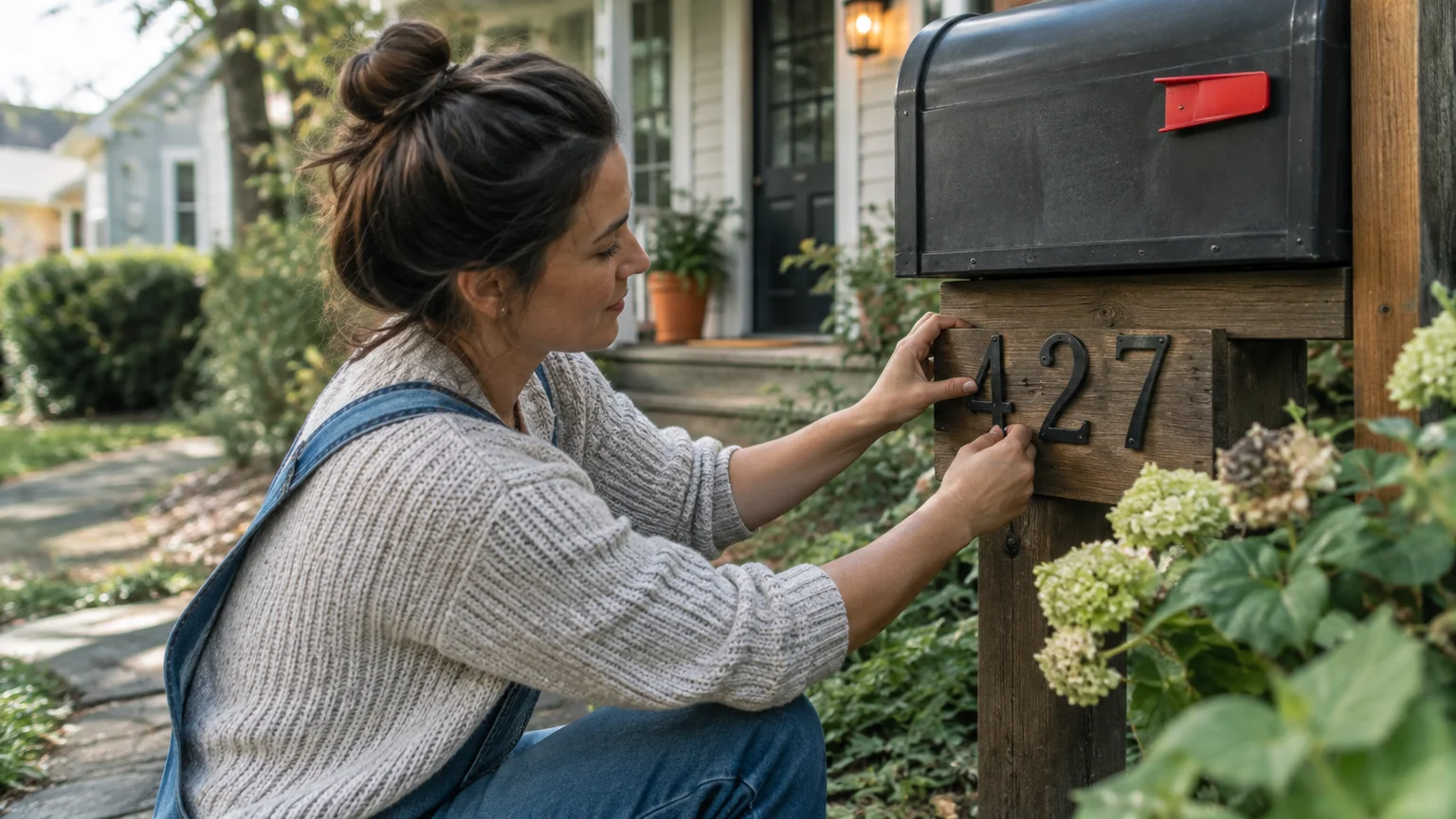 A woman installing metal house numbers reading 427 onto a wooden mailbox post in front of a home.