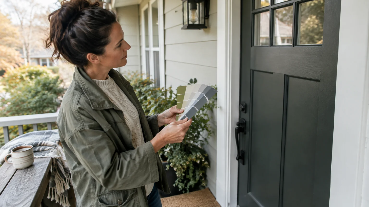 A woman holding a fan of paint swatches stands outside on a porch next to a dark green front door.