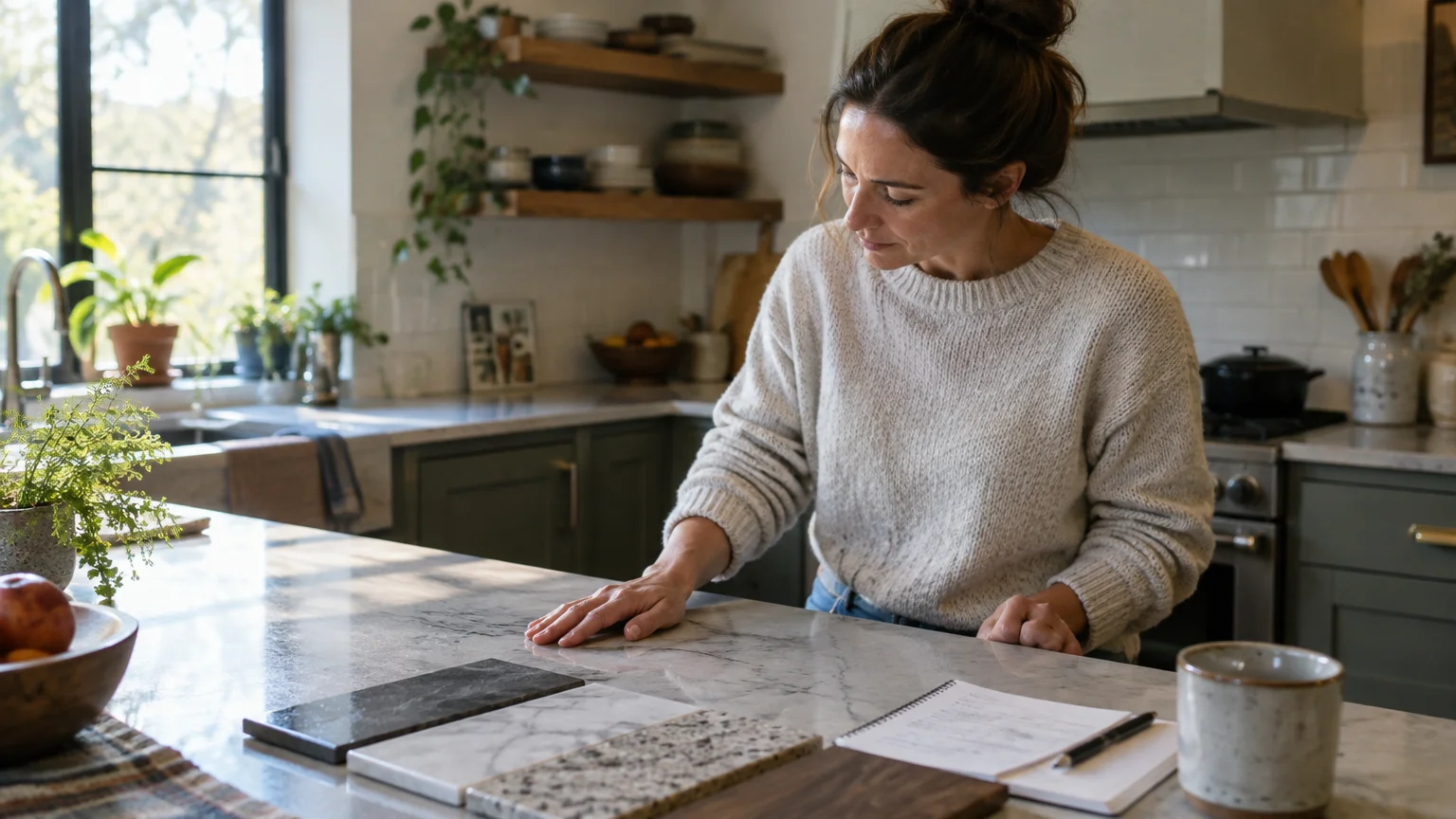 A woman touching a marble kitchen island countertop alongside various stone and wood material samples and a notebook.