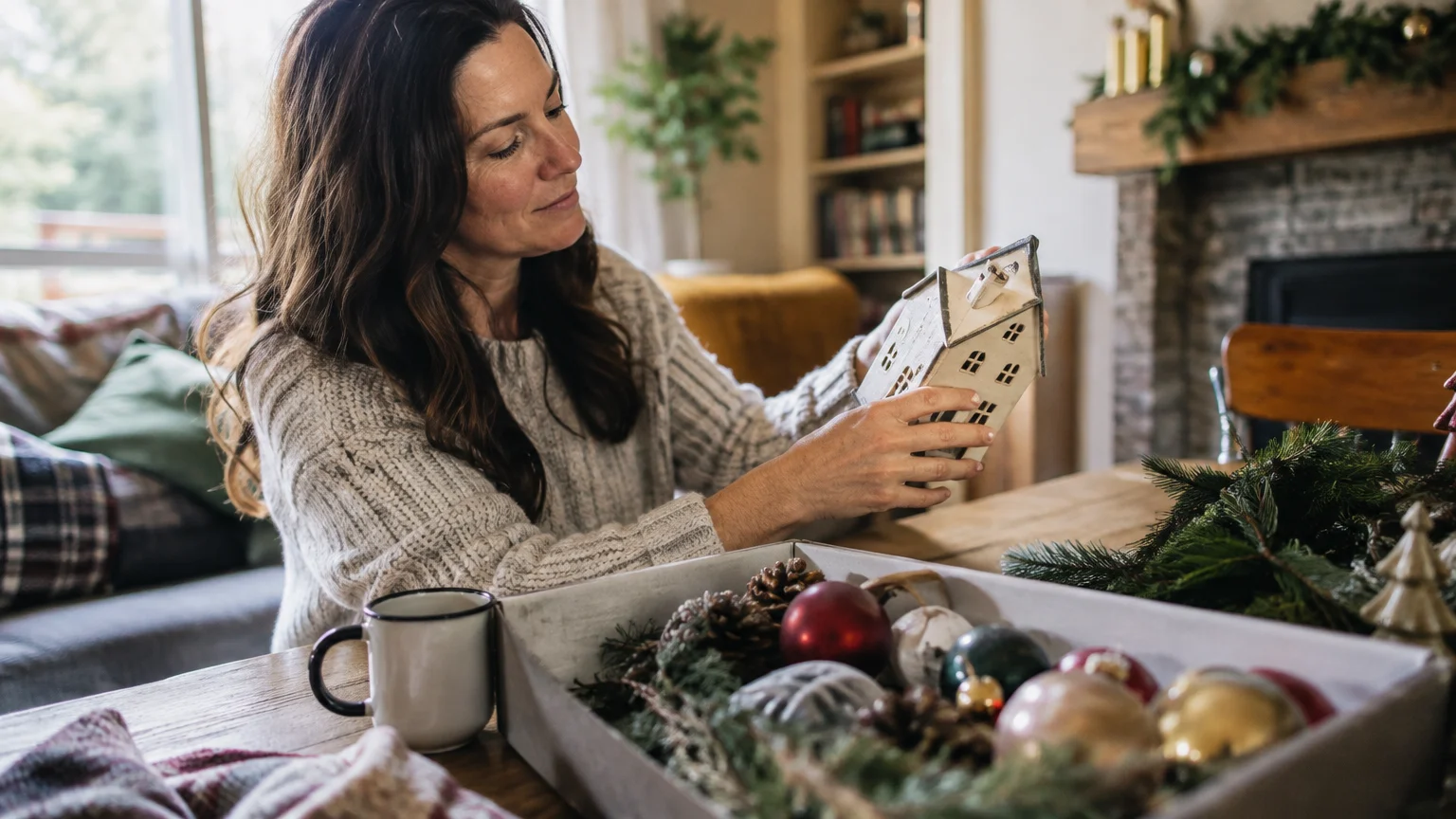 A woman sitting at a wooden table holds a decorative miniature house beside an open box of Christmas ornaments.