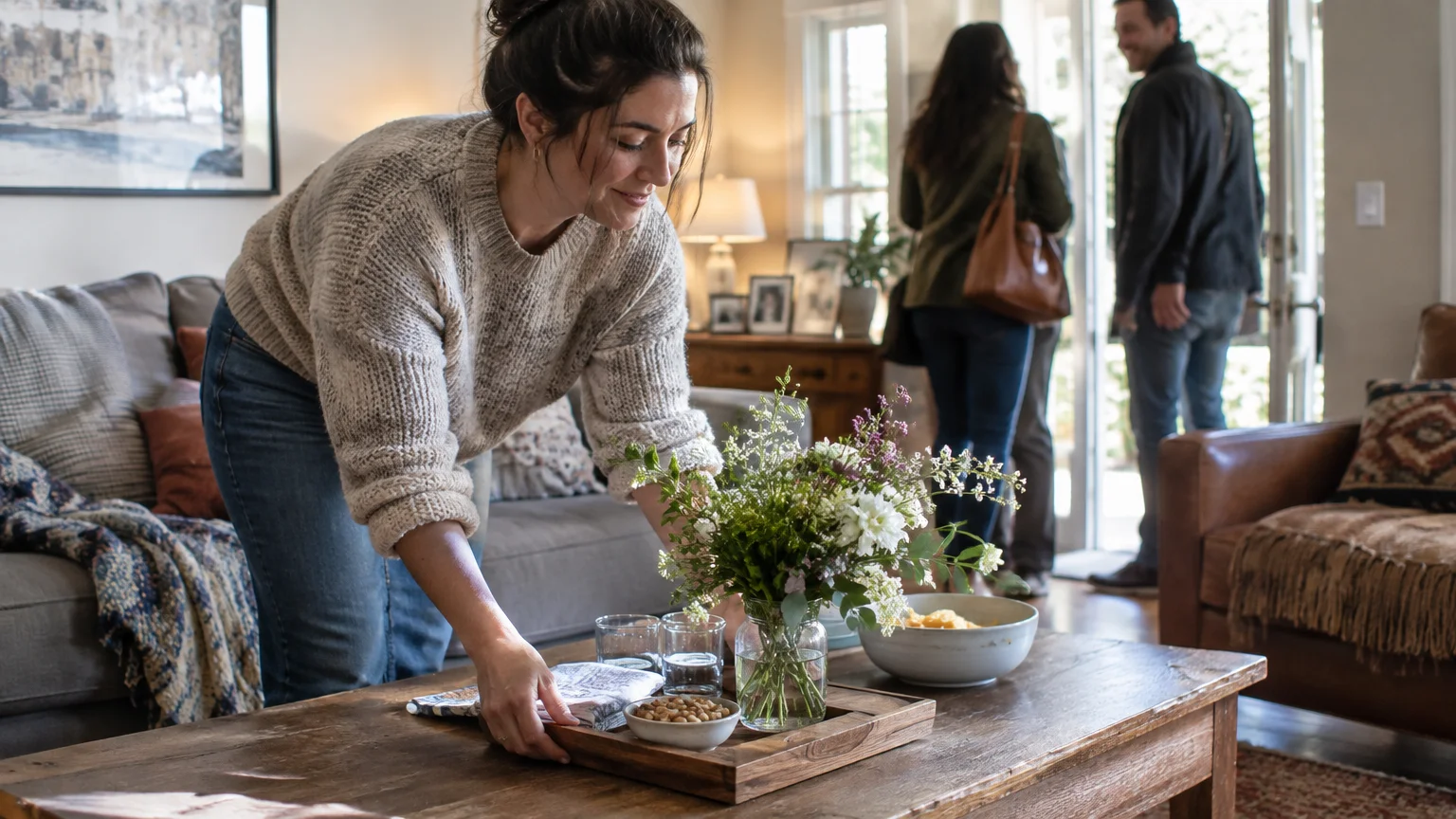 A woman places a tray of flowers and snacks on a coffee table while guests arrive at the doorway in the background.