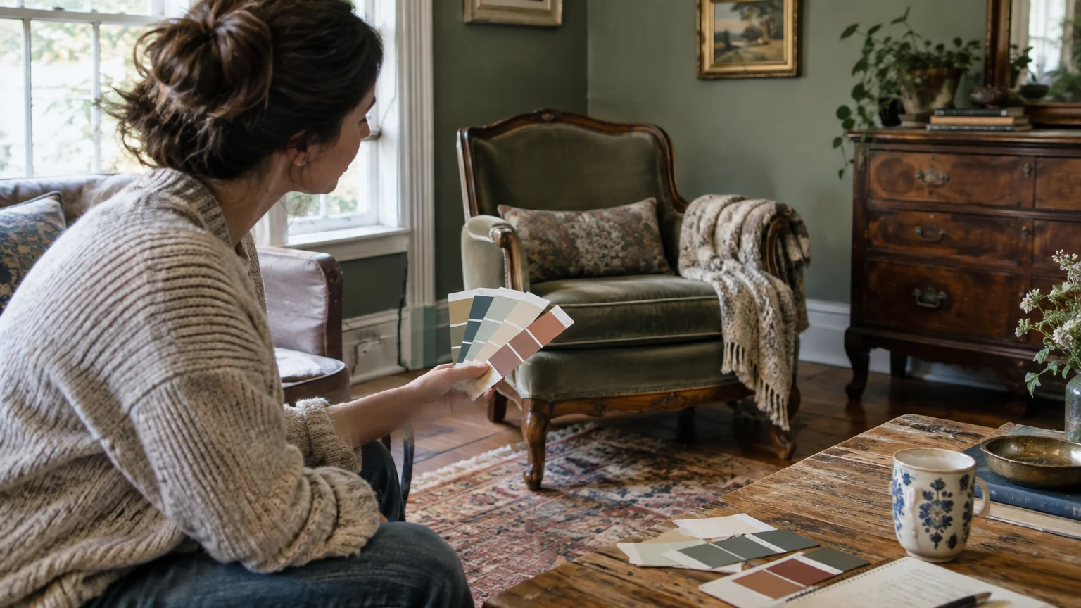 Woman holding paint swatch cards in a living room furnished with an antique green armchair and vintage wood dresser.