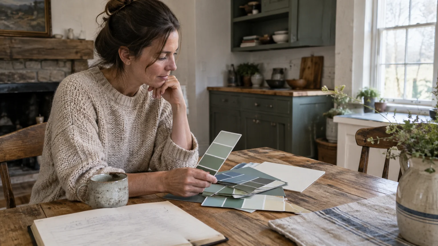 A woman sitting at a rustic wooden table looks at green, blue, and neutral paint swatches near a coffee mug.