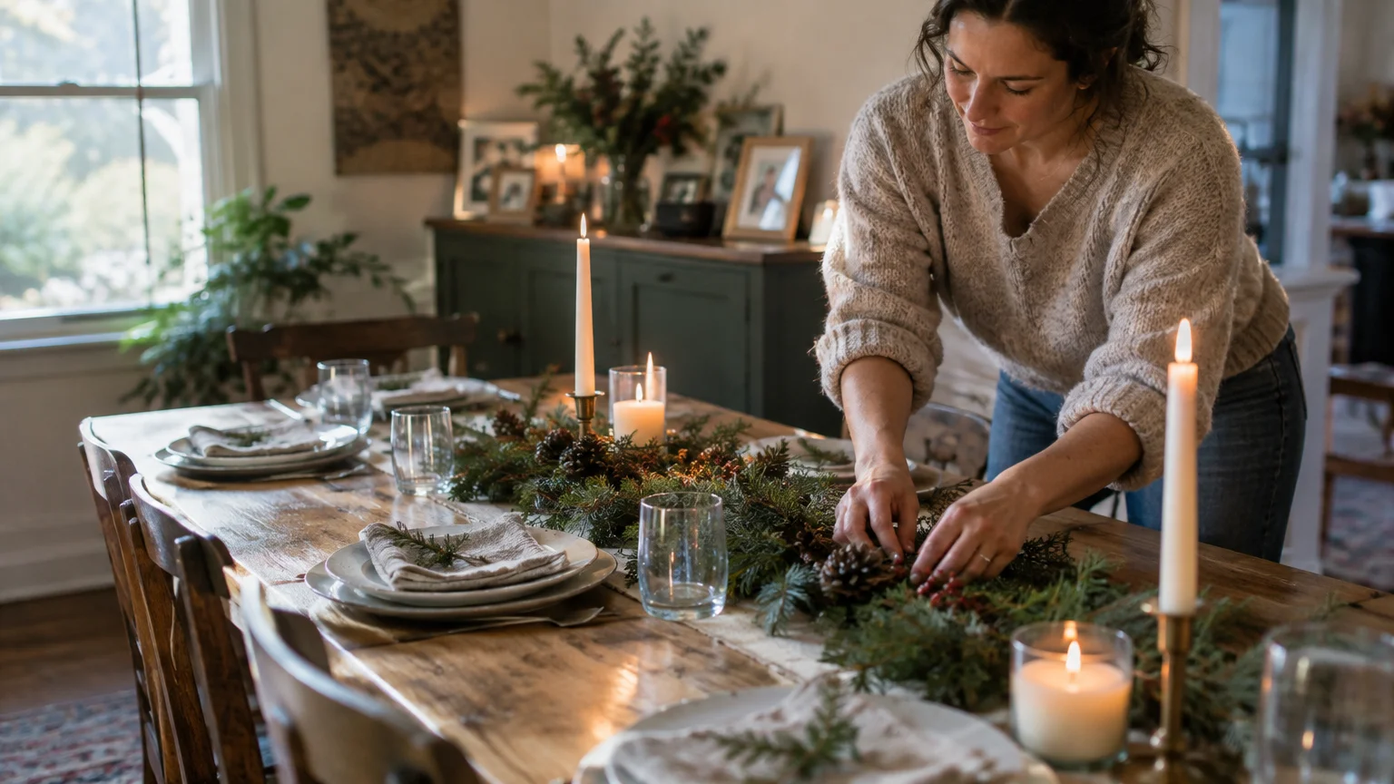 A woman arranges an evergreen garland and candles along a rustic wooden dining table set for a holiday meal.