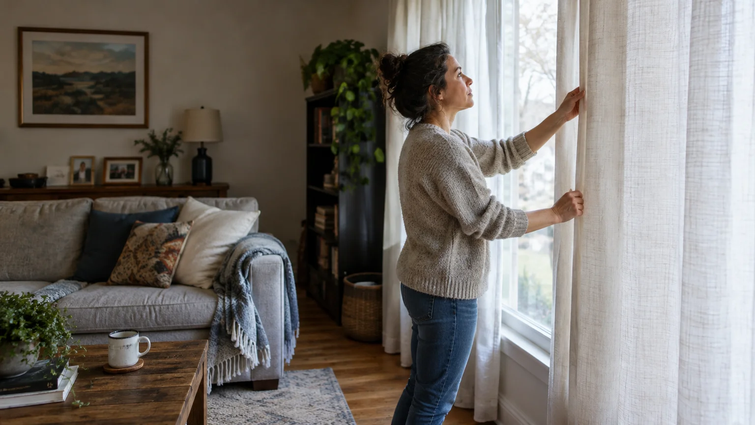 A woman adjusts textured, light-filtering curtains hanging beside a sofa in a bright living room.