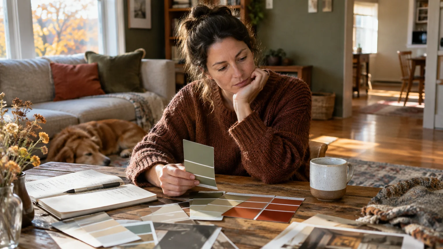 A woman in a brown knit sweater sits at a rustic wooden table examining green and terracotta paint swatches.