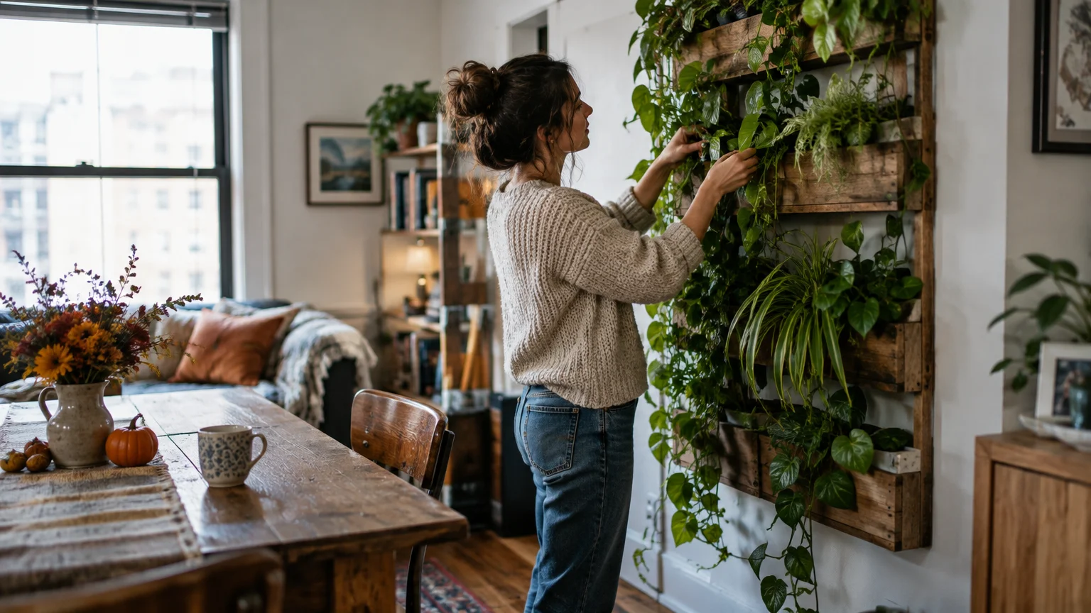 A woman tends to a vertical wooden wall planter filled with lush houseplants beside an apartment dining table.