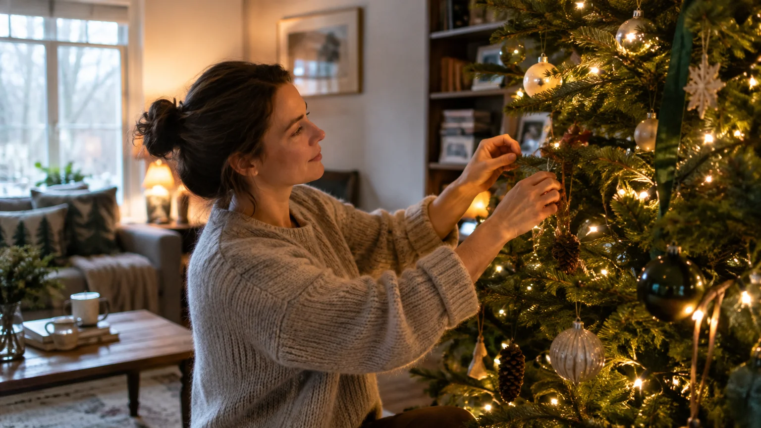 A woman in a knit sweater hangs an ornament on an illuminated, decorated Christmas tree in a cozy living room.