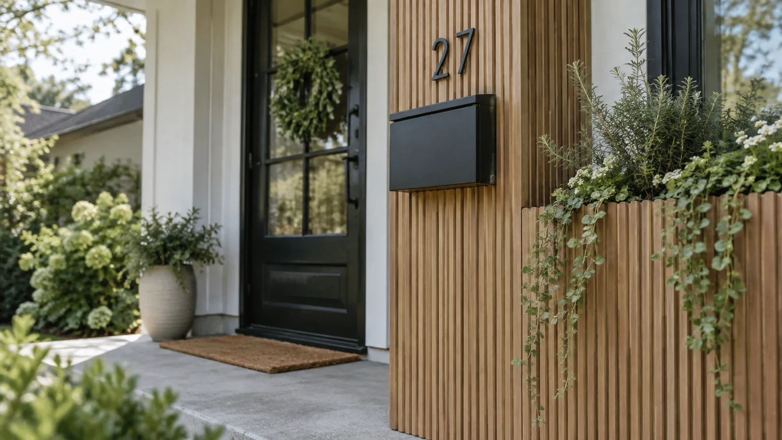 Black mailbox and number 27 mounted on a fluted wood pillar with an integrated planter on a home porch.