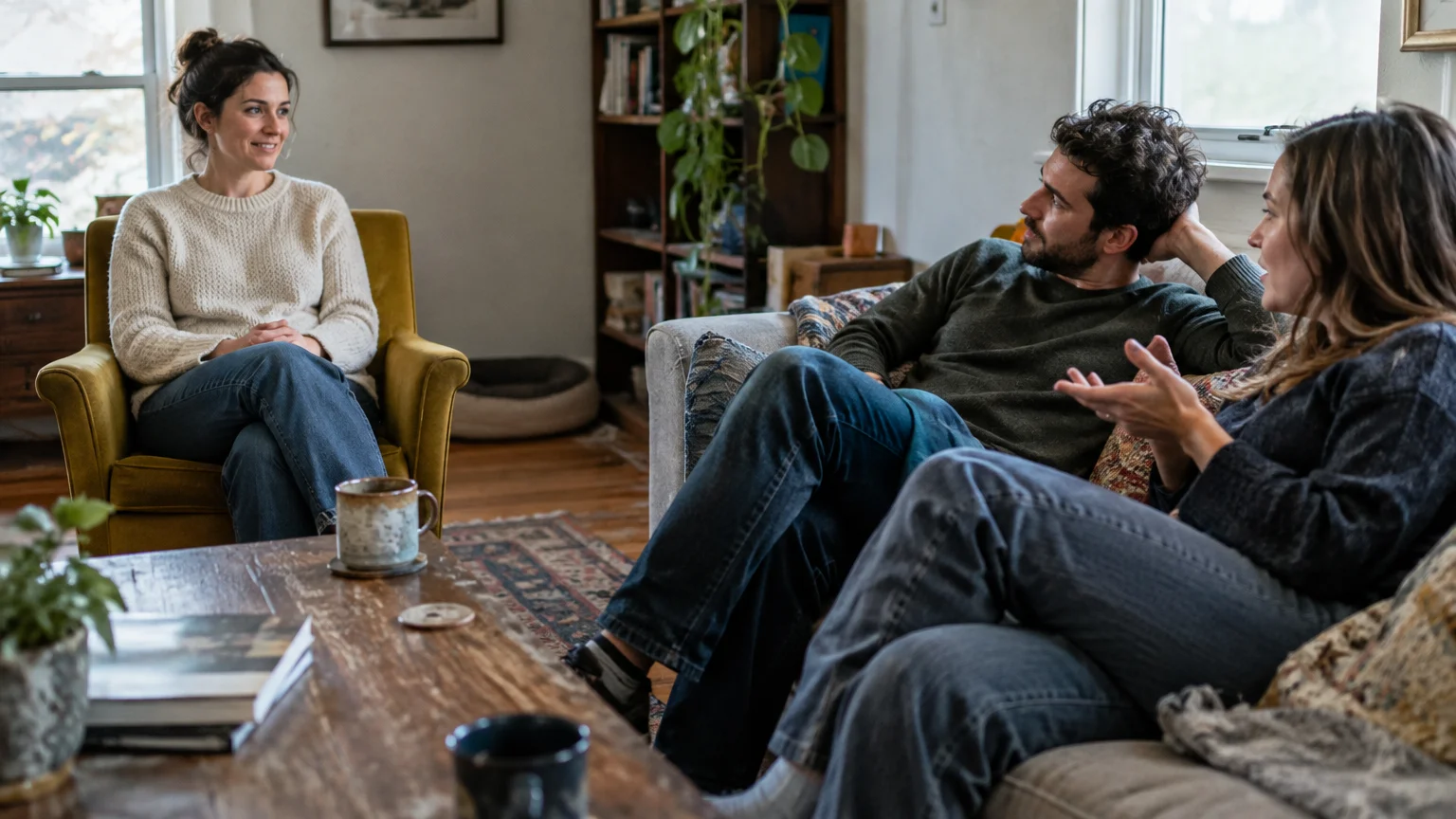 Three adults sit on a couch and armchair in a living room, chatting across a wooden coffee table.