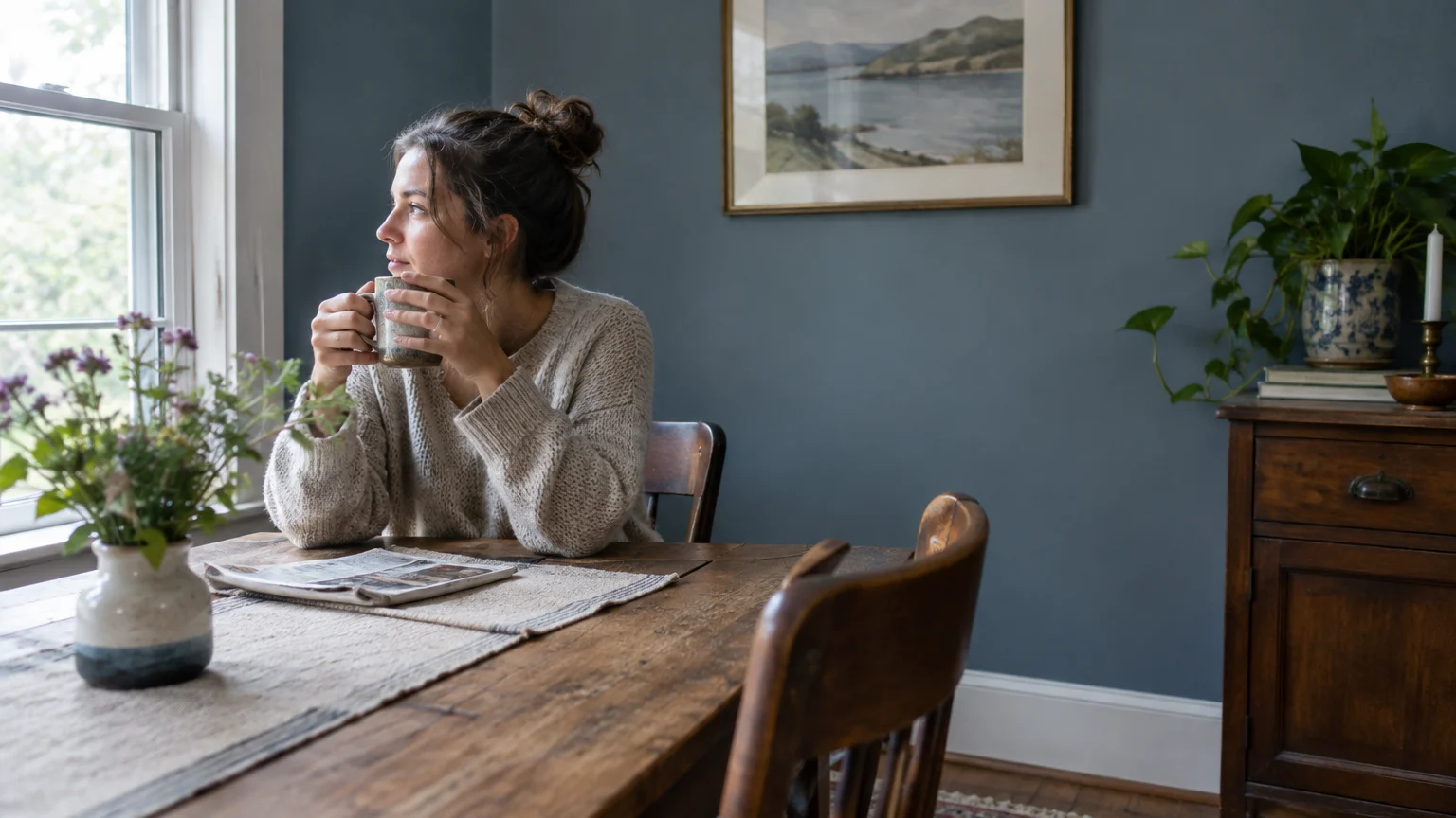 Woman sitting at a rustic wooden dining table drinking from a mug in a room with slate blue walls and white trim.