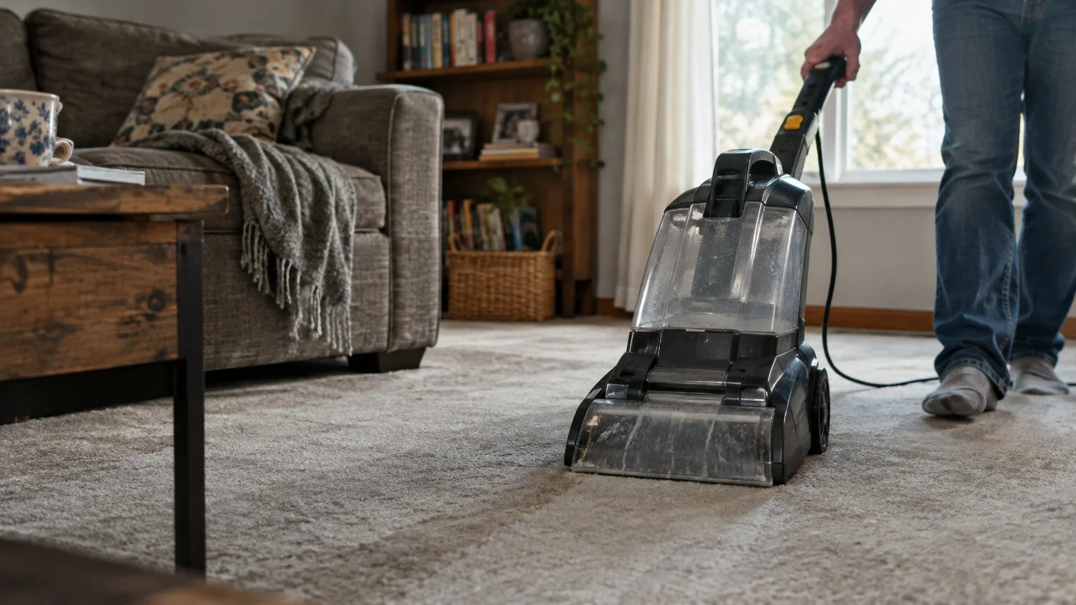 A person pushing an upright wet carpet cleaner across a carpeted living room floor near a sofa and coffee table.