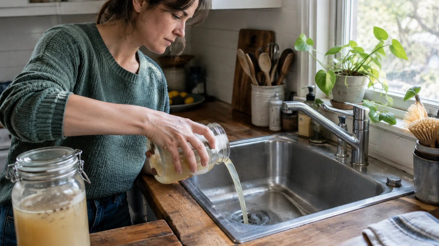 A woman pours cloudy liquid from a glass jar directly into a stainless steel kitchen sink drain.