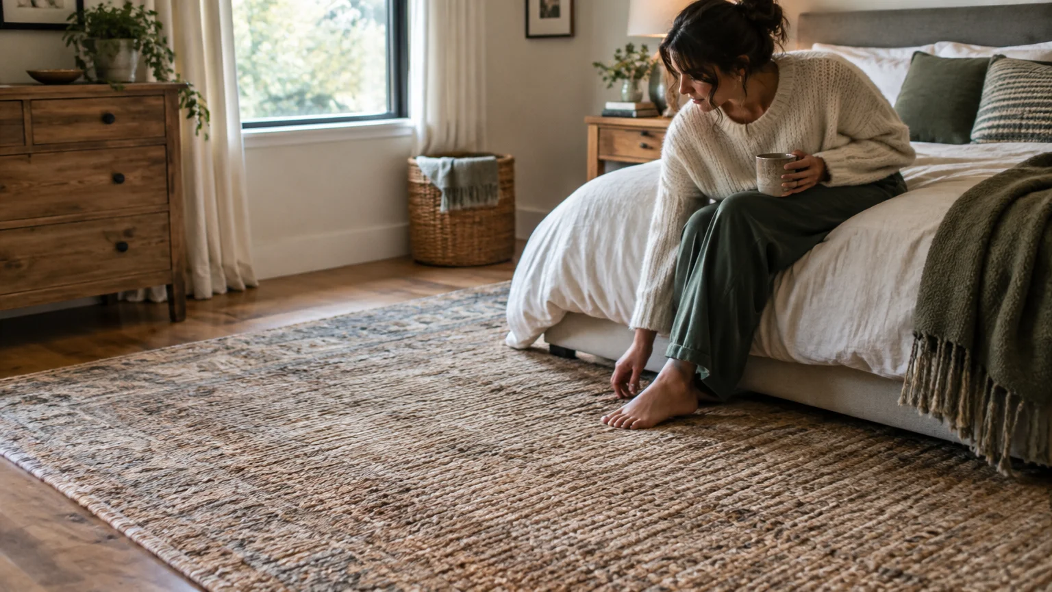 A woman sits on an unmade bed holding a mug, resting her bare feet on a large woven natural fiber area rug.