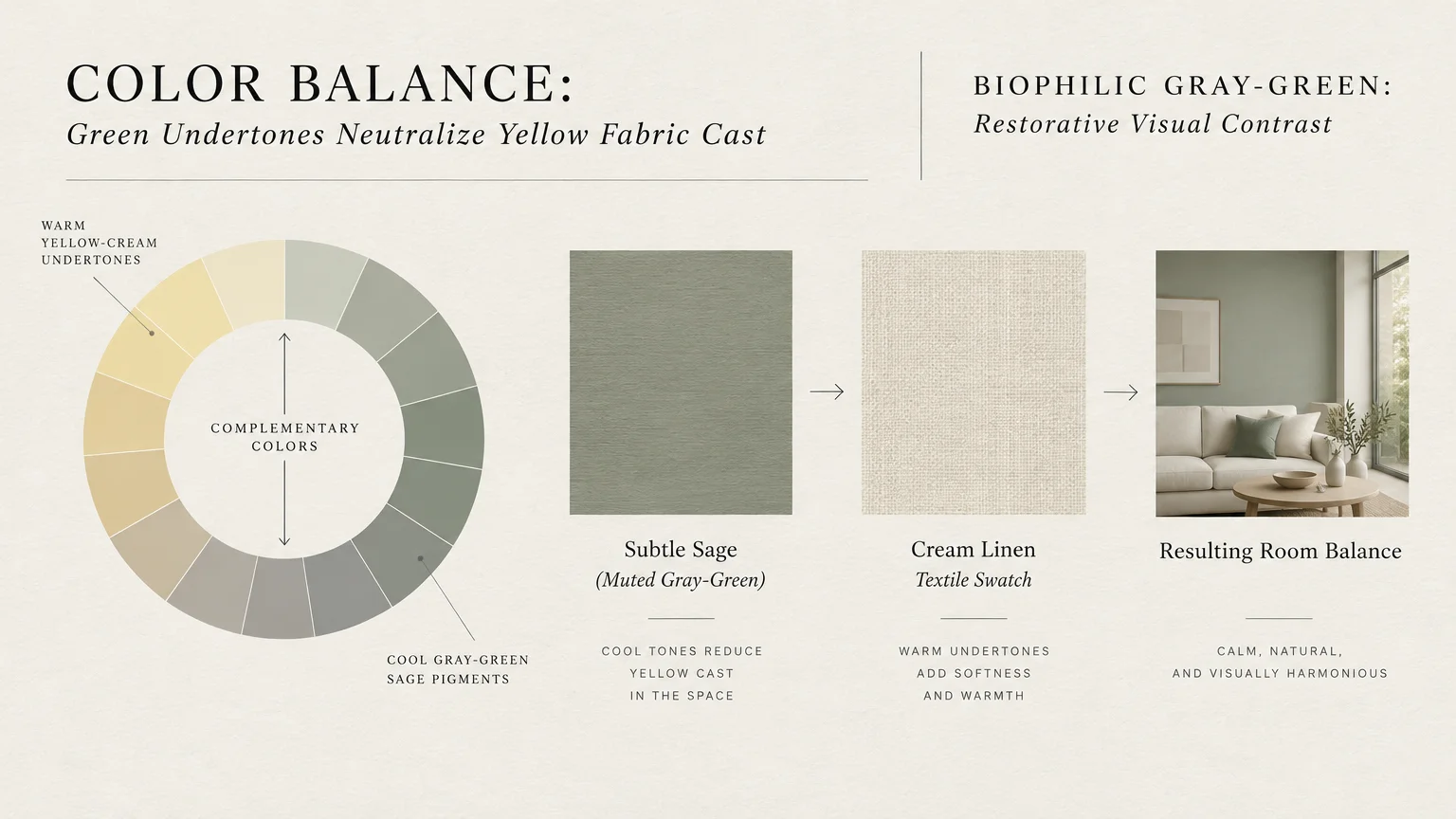 Color wheel diagram showing sage green opposite cream, with paint swatches beside a balanced living room.