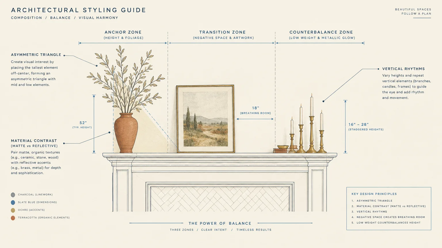 Diagram of a mantel layout detailing anchor, transition, and counterbalance zones with foliage, framed art, and candles.