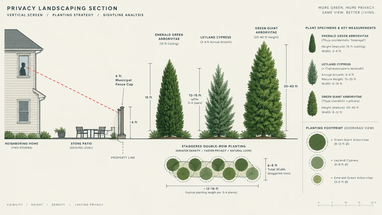 Diagram comparing sightlines over a six-foot fence cap against tall evergreen hedges like arborvitae and cypress.